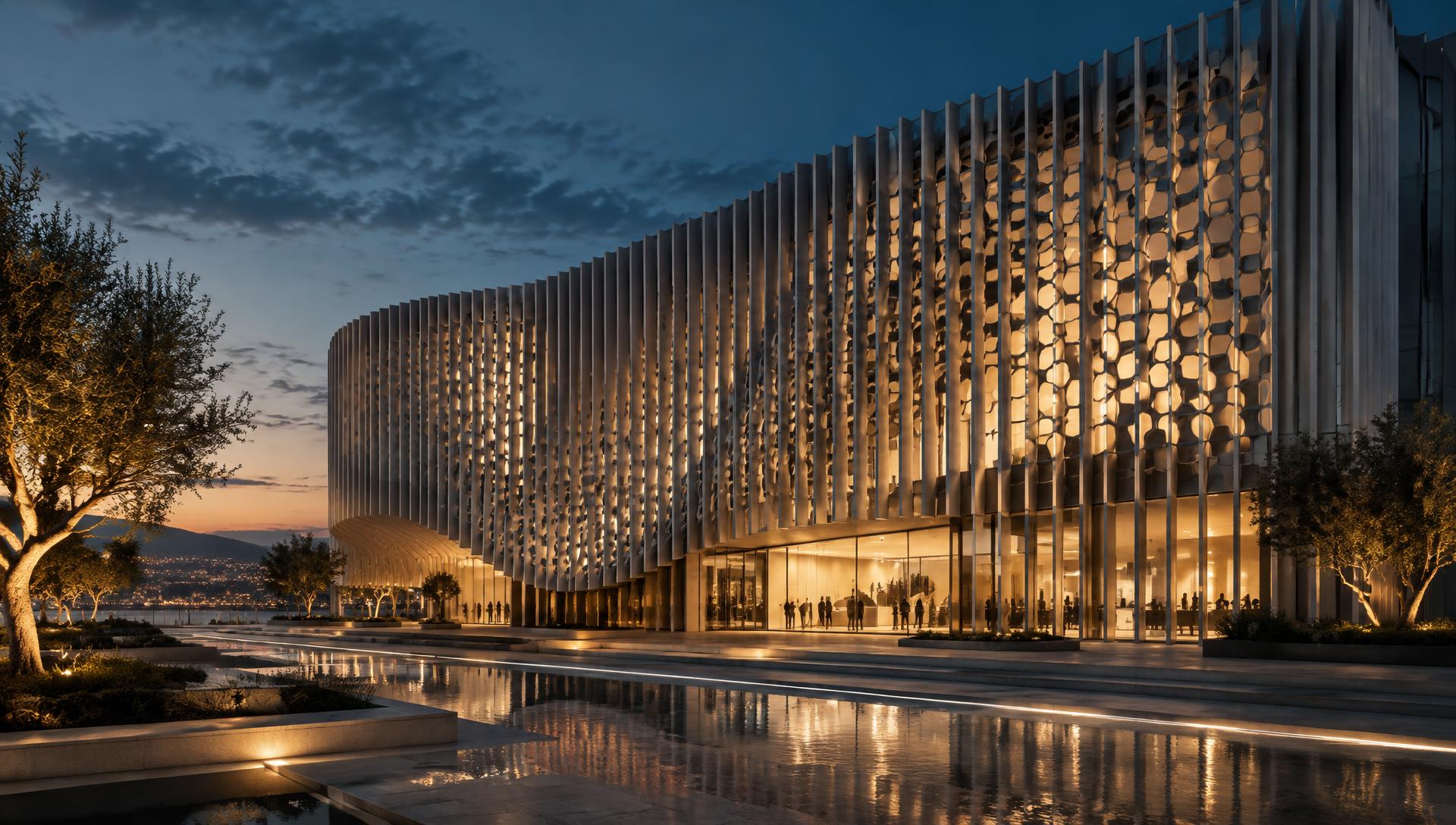 Parametric facade screen glowing at dusk